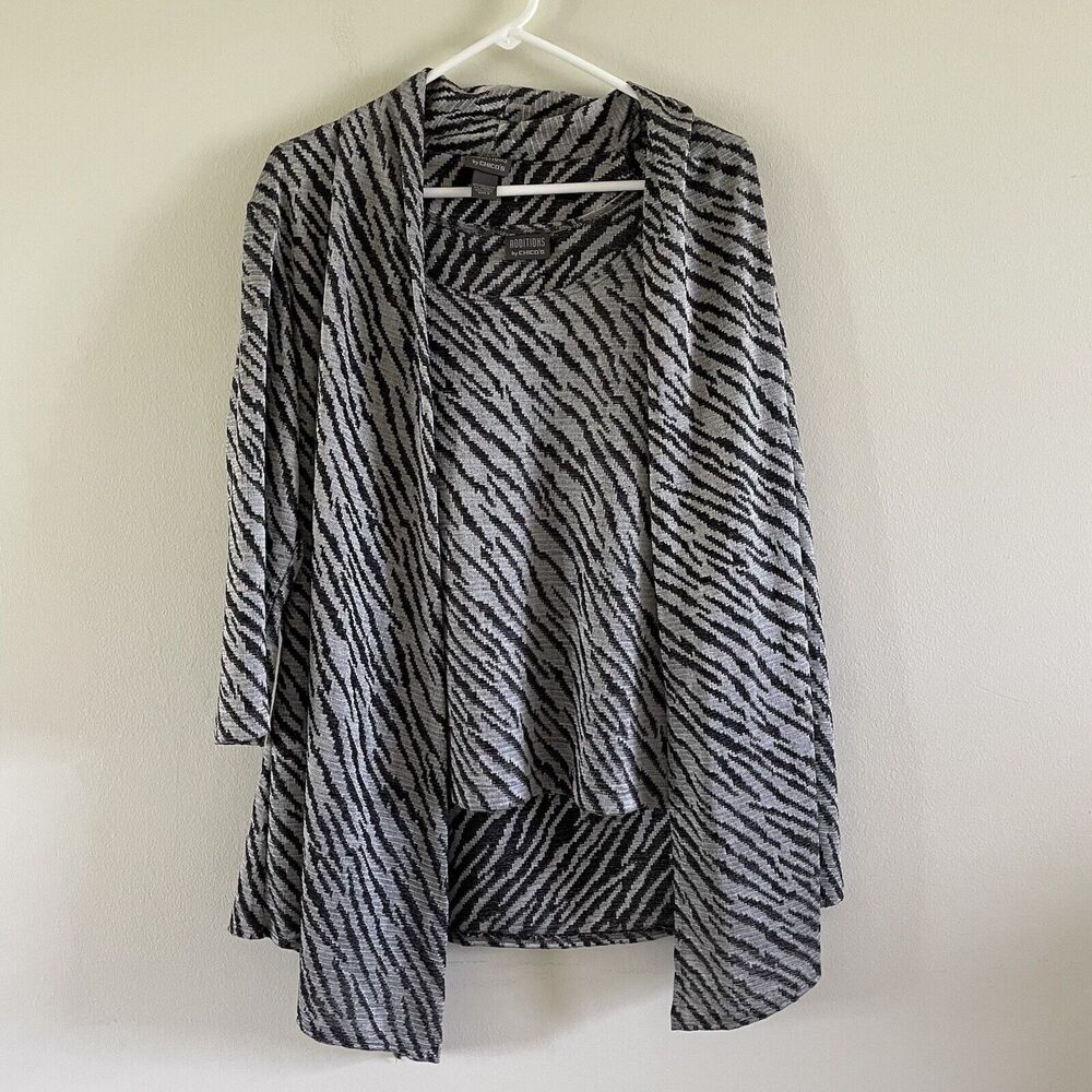 Chicos Cardigan Tank Top Set Size‎ Large 2 Silver Black Jacket Open Front Office